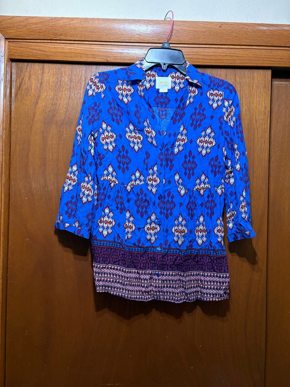 Maeve Anthropologie Blue Geometric Print Button Front Tunic Blouse Sz 4